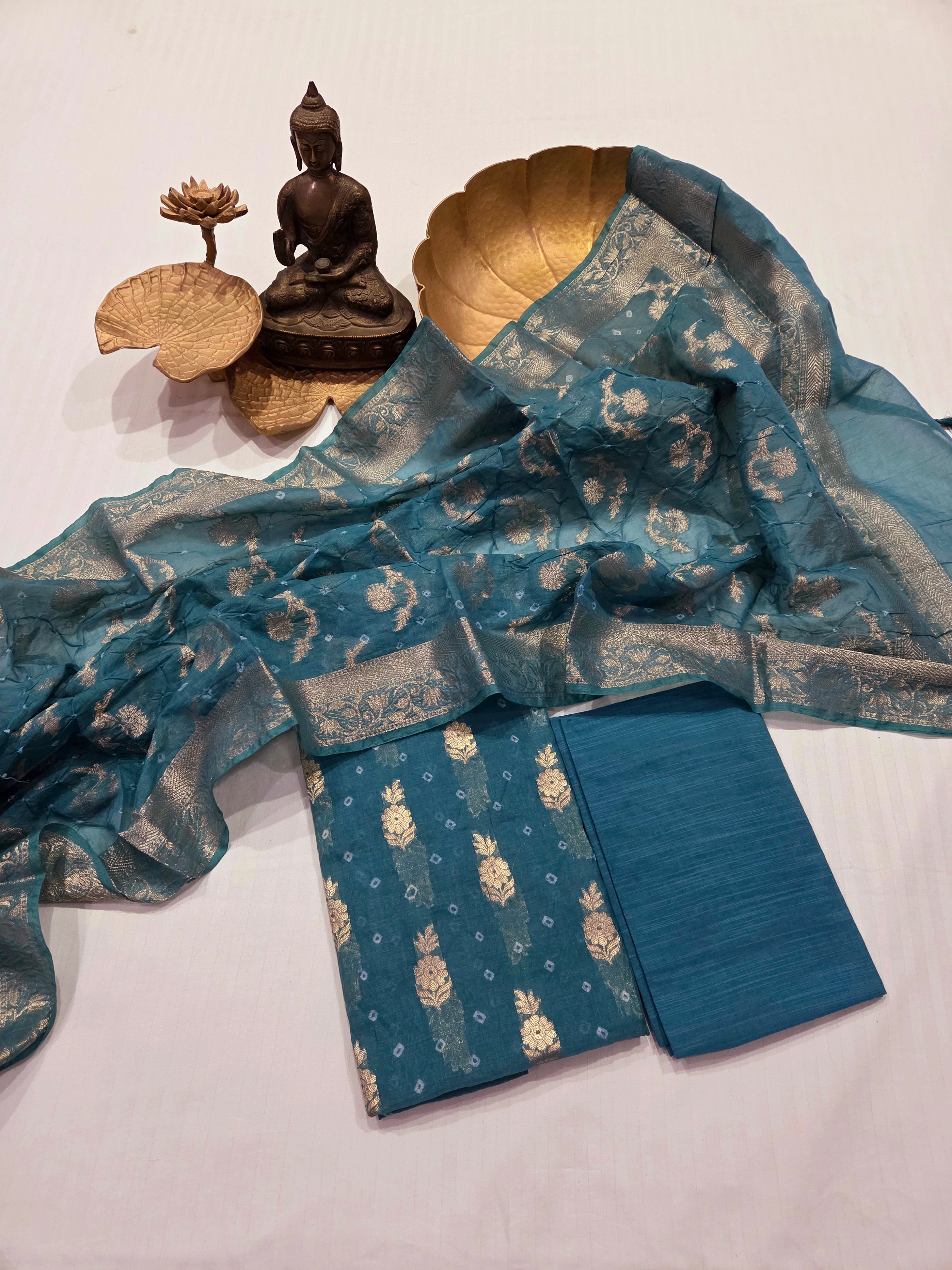 Hand Knotted Bandhani Pure Mulmul Suit Set
